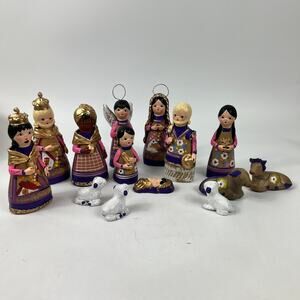 Mexican Large 13pc Handmade Clay Nativity Set Folk Art Purple Painted Peruvian